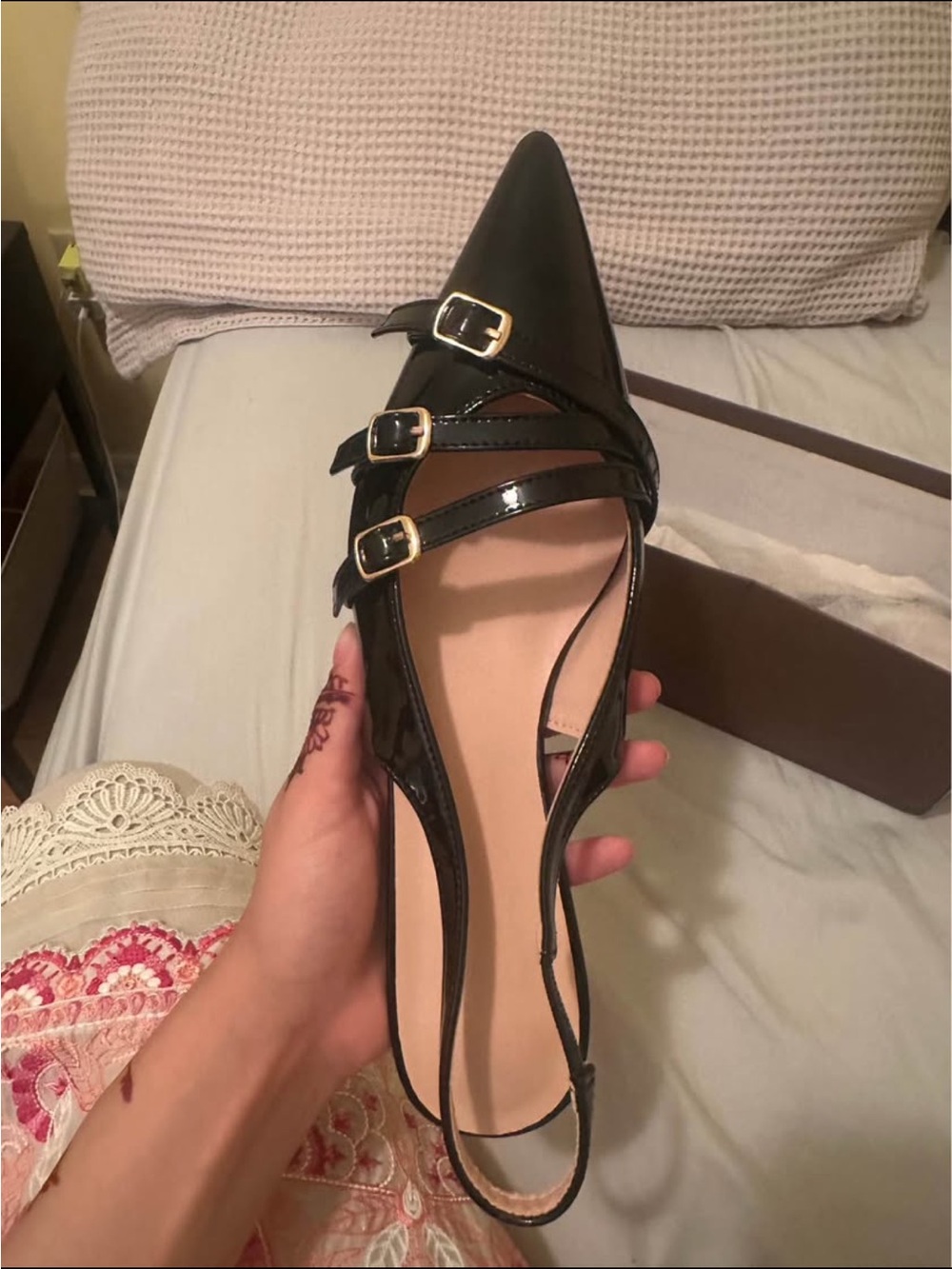 Black Patent Pointed Slingback Flats with Triple Buckle